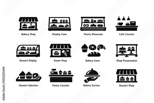 Bakery and cafe icons: display cases, counters, and dessert selection