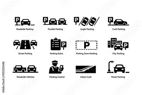 Icons illustrating various parking types and rules in urban settings