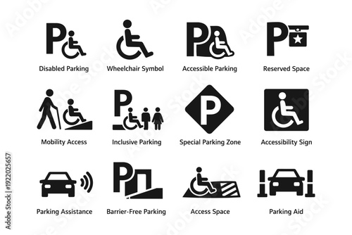 Accessible parking icons: mobility, inclusive, reserved spaces, barrier-free assistance