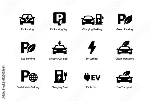Electric vehicle parking and charging icons for eco-friendly transport solutions