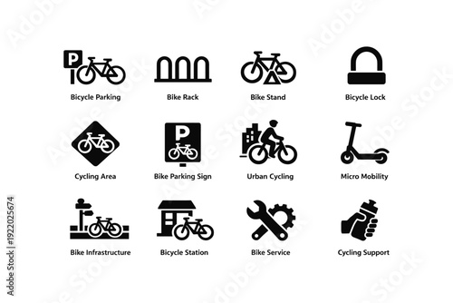 Cycling infrastructure and facilities icons: parking, rack, micro mobility, bike service, urban cycling