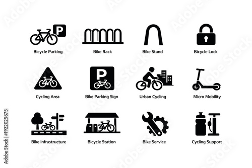 Icon set illustrating bicycle parking and urban cycling infrastructure