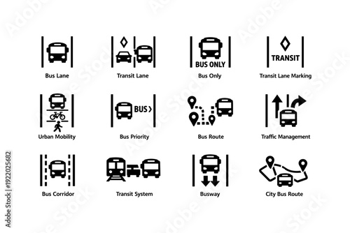 Public transit icons and symbols for urban mobility and traffic management