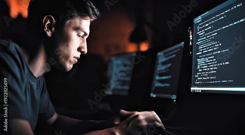 Close-up of Programmer Typing Code on Glowing Computer Screen