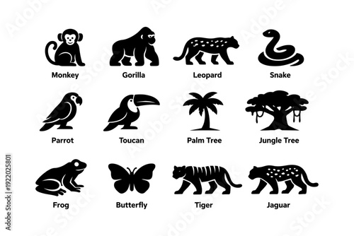 Silhouette icons of jungle animals and trees: monkey, gorilla, leopard, snake, parrot, toucan