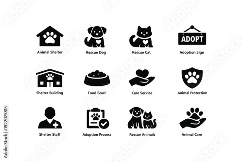 Animal shelter icons: dogs, cats, adoption signs, and care symbols