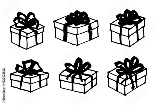 Set of hand drawn present box with ribbons Birthday present clipart Christmas gift Holiday doodle For design, print, web, decor, greeting card, sale