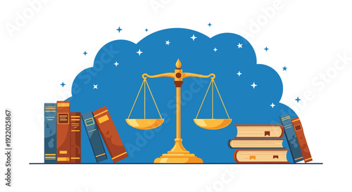 A shiny golden balance scale rests between various stacks of old law books against a dark blue starry cloud background.