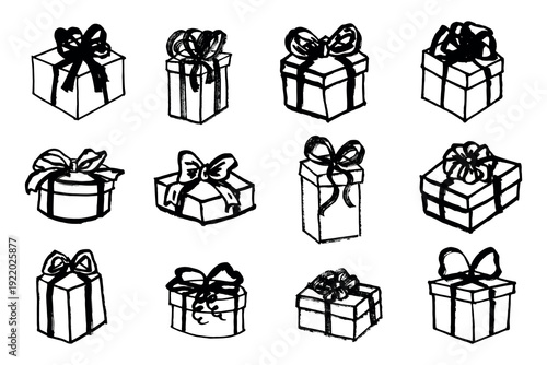 Set of hand drawn present box with ribbons Birthday present clipart Christmas gift Holiday doodle For design, print, web, decor, greeting card, sale