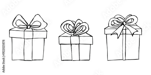 Set of hand drawn present box with ribbons Birthday present clipart Christmas gift Holiday doodle For design, print, web, decor, greeting card, sale