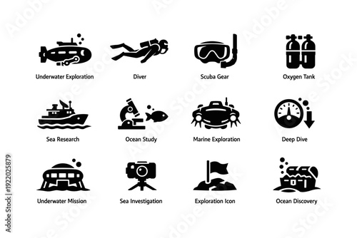 Ocean exploration icons collection: submarine, diver, scuba gear, sea research, marine exploration