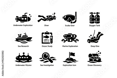 Underwater exploration icons: scuba gear, submarine, marine research, diving adventure