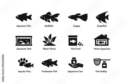 Aquarium fish icons: goldfish, guppy, angelfish, tank, water plants, fish food, home aquarium