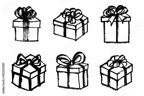 Set of hand drawn present box with ribbons Birthday present clipart Christmas gift Holiday doodle For design, print, web, decor, greeting card, sale