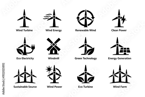 Wind energy icons collection: turbines, clean power, eco technology, renewable sources, sustainable design