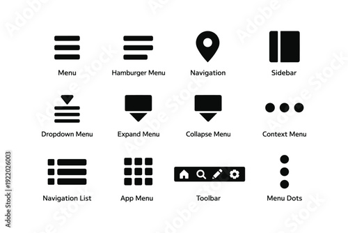 Set of user interface icons: menu, navigation, toolbar, sidebar, dropdown