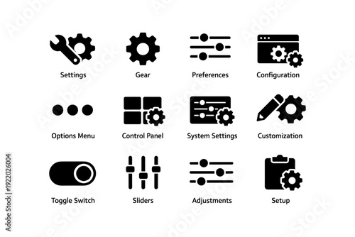 Settings icons collection: gear, preferences, control panel, system settings, customization