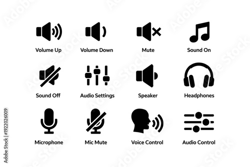 Audio icons: volume, mute, sound, headphones, microphone controls