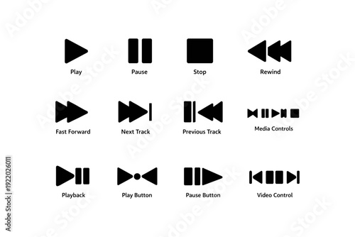Media control icons set: play, pause, stop, rewind, fast forward, next, previous