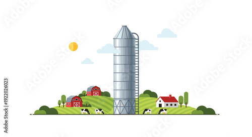 A picturesque farm scene features a tall metal silo, red barns, green hills, grazing cows, and a house under a sunny sky.