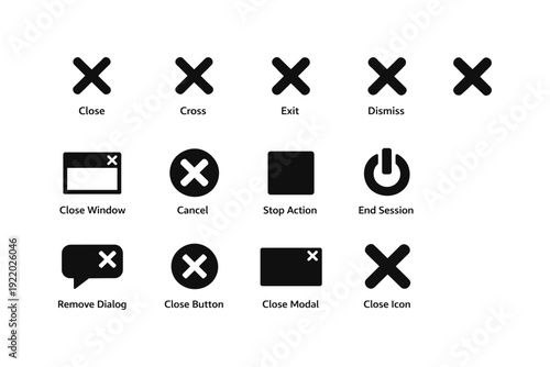 Collection of black close icons for user interface design