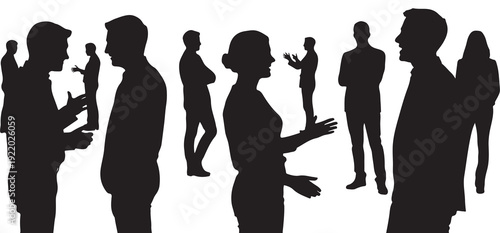 Crowd silhouettes of diverse professionals interacting and standing in casual poses against white backdrop