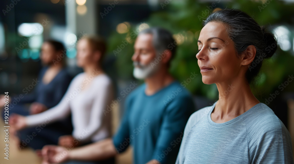 Obraz premium Faceless group enjoying guided meditation in serene environment, holistic health practices, community wellness, mindfulness gathering, with copy space