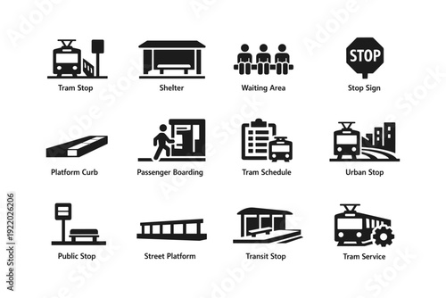 Tram and transit icons: stops, shelters, schedules, and platforms