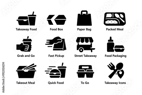 Takeaway food and packaging icons set with fast pickup options