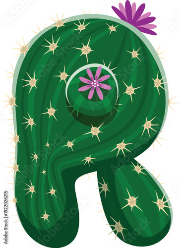 Cacti succulent, cactus font cartoon letter R. Mexican cacti typeface element, cactus font vector symbol. Prickly succulent English alphabet typeset letter or desert plant leaf type sign
