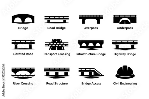Bridge icons set: infrastructure, road, overpass, river crossing symbols