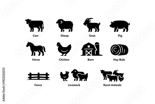 Silhouettes of farm animals and structures: cow, sheep, goat, pig, horse, chicken, barn, hay bale, fence