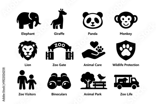 Zoo icon set: elephant, giraffe, panda, monkey, lion, zoo gate, animal care, wildlife protection