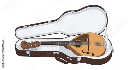 A light brown mandolin with darker brown details is displayed inside an open, dark brown hard shell case with a light grey padded interior.