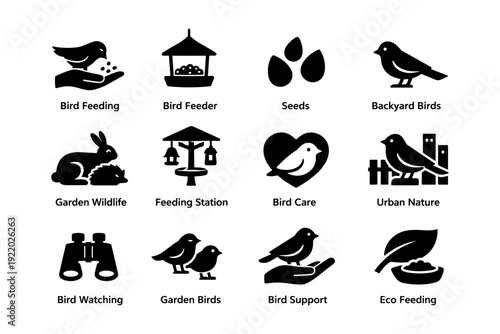Bird feeding icons and wildlife symbols for nature enthusiasts