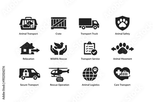 Animal transport icons: safety, rescue, logistics, secure relocation services