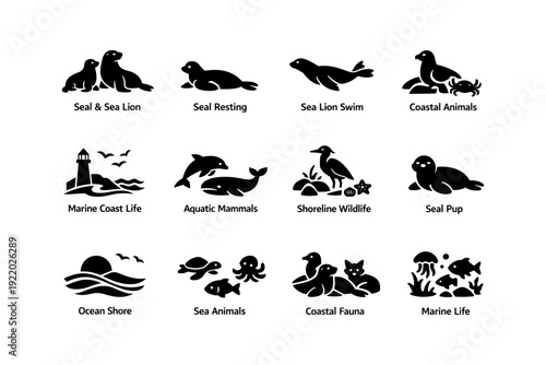 Silhouettes of coastal and marine wildlife featuring seals and sea lions