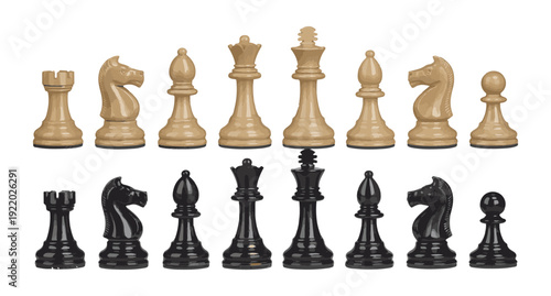 Chess pieces set collection featuring black and white figures for strategy game competition on white surface