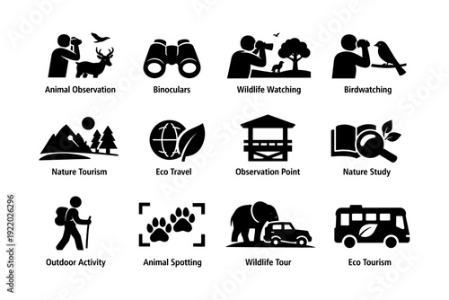 Wildlife and nature tourism icons: binoculars, birdwatching, hiking, eco travel, animal spotting