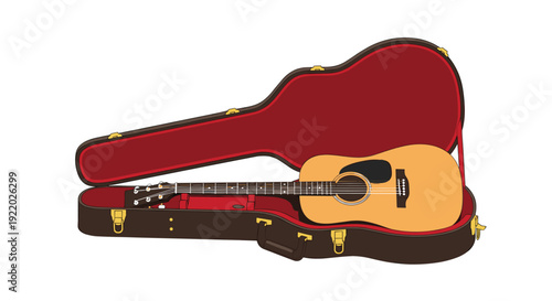 A light brown acoustic guitar with black accents rests securely inside an open, dark brown hard shell case with a plush red velvet interior.