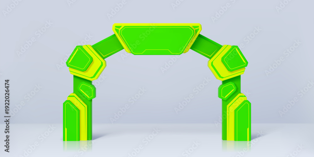 Fototapeta premium Modern exhibition green and yellow event arch or entrance gate mockup, vector 3D template. Event arch for exhibition or expo entry archway in acid colors for futuristic or technology style entrance