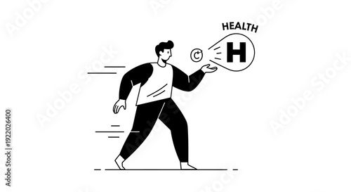 A dynamic illustration of a person walking and carrying a thought bubble that says 'HEALTH' suggesting a focus on well-being and a commitment to a healthy lifestyle and personal care
