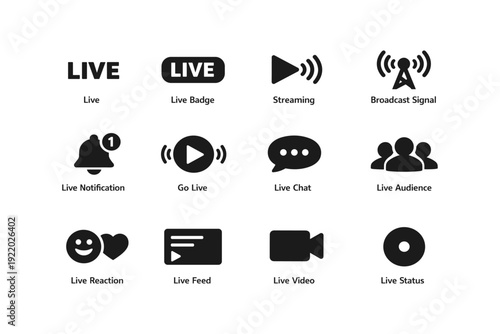 Set of icons: live streaming, chat, audience, notification symbols
