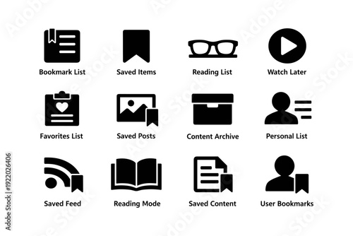 Collection of bookmark and archive icons for digital content management