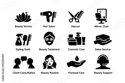 Beauty services icons: hair salon, haircut, styling tools, cosmetic care collection