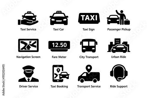 Icons of taxi service and transport solutions for urban mobility