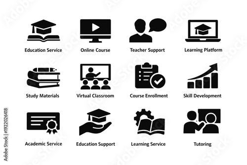 Education icons set featuring learning tools and support services