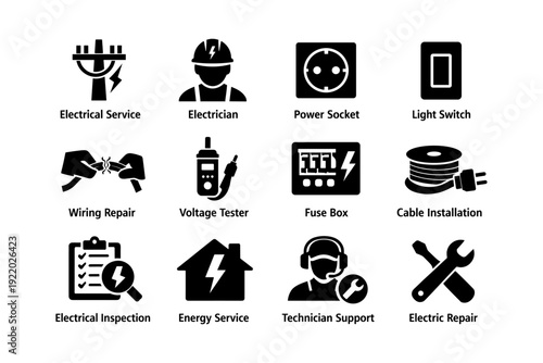 Electrical service icons: tools, safety equipment, repair and installation symbols