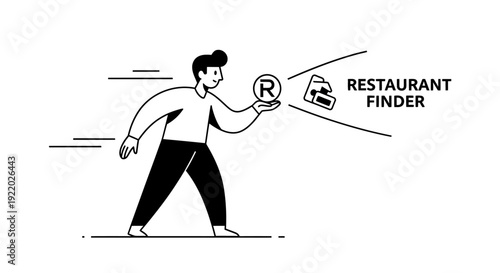 Man holding a registered trademark symbol in front of his face, looking for a restaurant with the help of an app