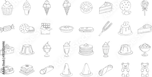 Collection of hand drawn black and white dessert and candy line cupcake ice cream cone ice cream sundae